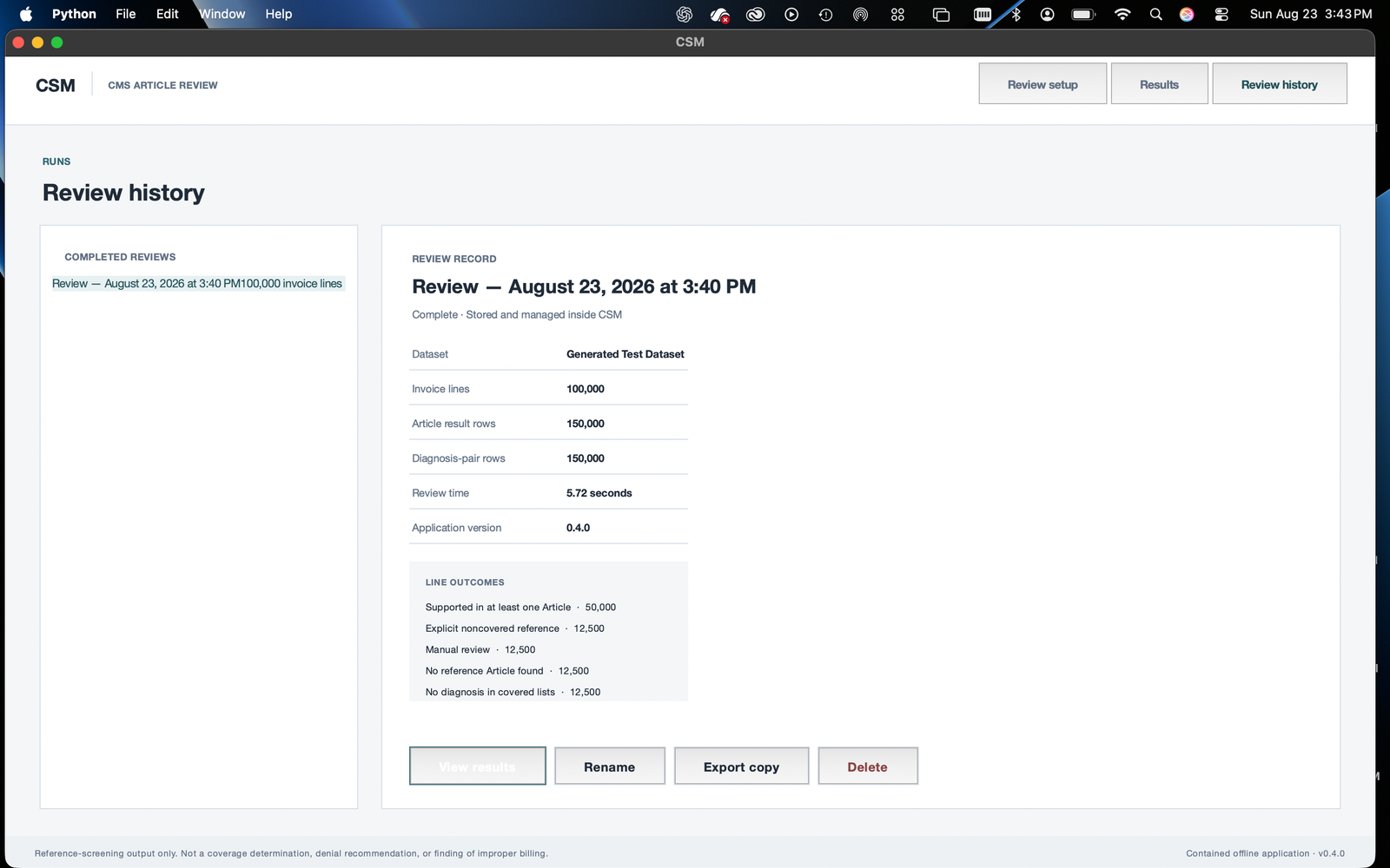 CSM review history showing a completed synthetic run, its invoice and evidence counts, and export controls.