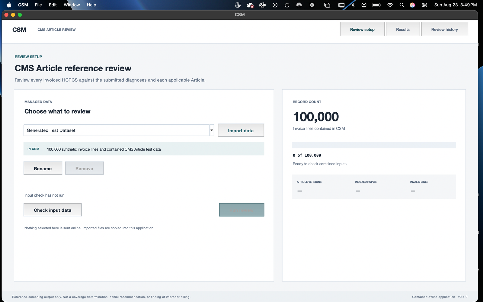 The native CSM application showing review setup and a generated dataset of 100,000 synthetic invoice lines.