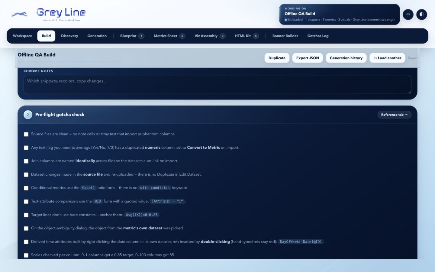 Greyline’s saved Offline QA Build showing its pre-flight checks for dataset preparation, formula syntax, and metric scales.
