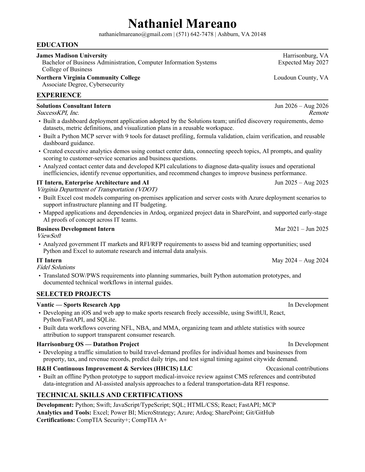 Nathaniel Mareano’s original one-page résumé in its unchanged Harvard format. An expanded text version follows below.
